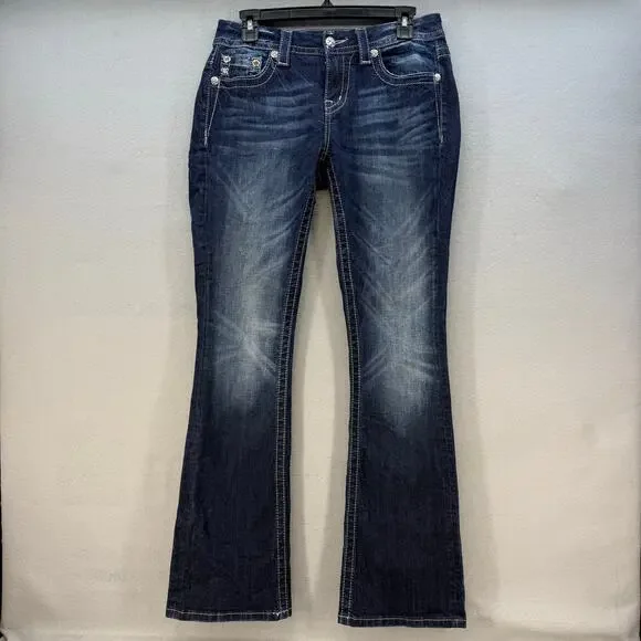 Miss Me Jeans Women's 28x33 (6) Dark Blue Mid Rise Boot Embellished Bling EUC - Picture 2 of 14